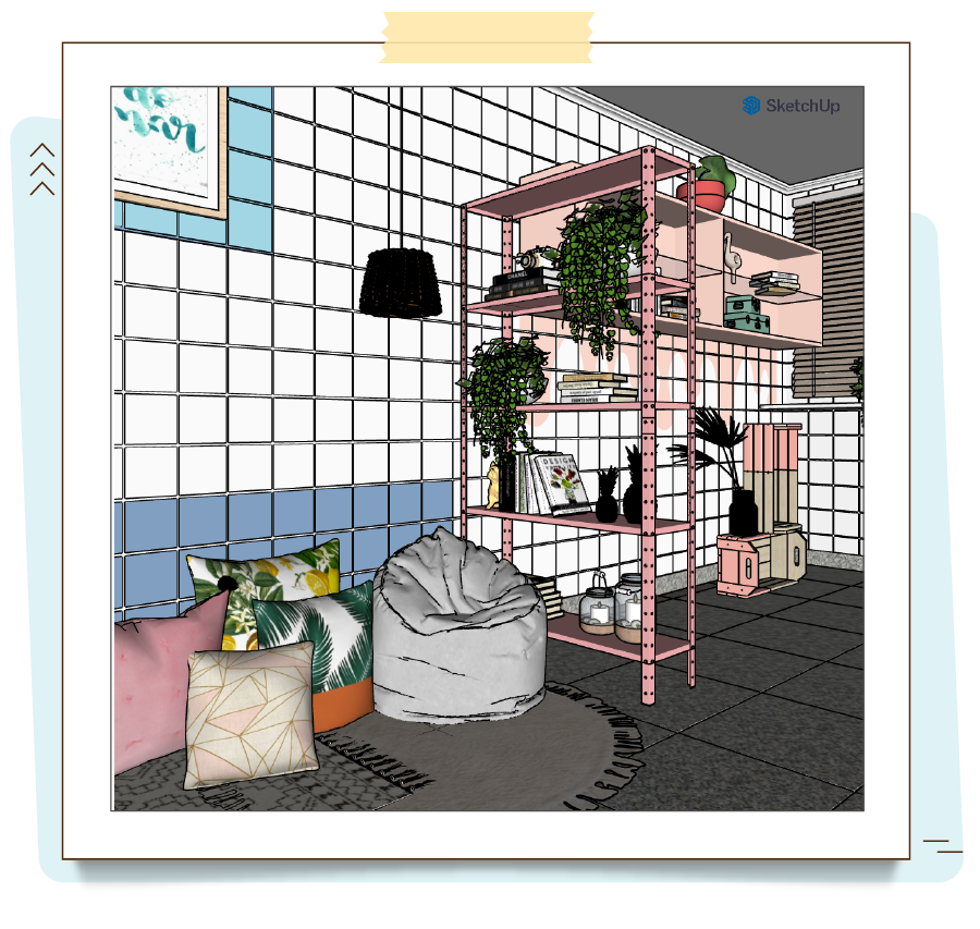 A imagem mostra a modelagem 3D feita no SketchUp de um quarto com uma estante rosa e pufs no chão, no modelo de perspectiva cônica.